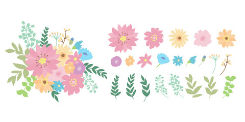 手描きの花と草木のカラフル花束とバラバラパーツセット