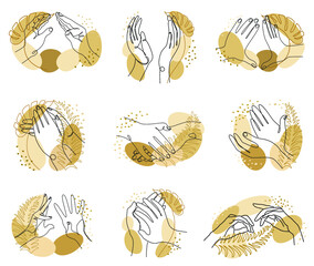 Silhouette Collection of human hands. Applause concepts in a modern one line style with plant leaves. Solid line sketches for decor, posters, stickers, logo. Vector illustration set.