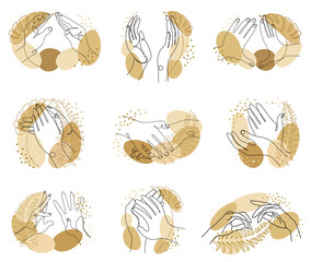 Silhouette Collection of human hands. Applause concepts in a modern one line style with plant leaves. Solid line sketches for decor, posters, stickers, logo. Vector illustration set.