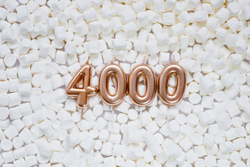 4000 followers card. Template for social networks, blogs. Background with white marshmallows. Social media celebration banner. 4k online community fans. Four thousand subscriber - obrazy, fototapety, plakaty