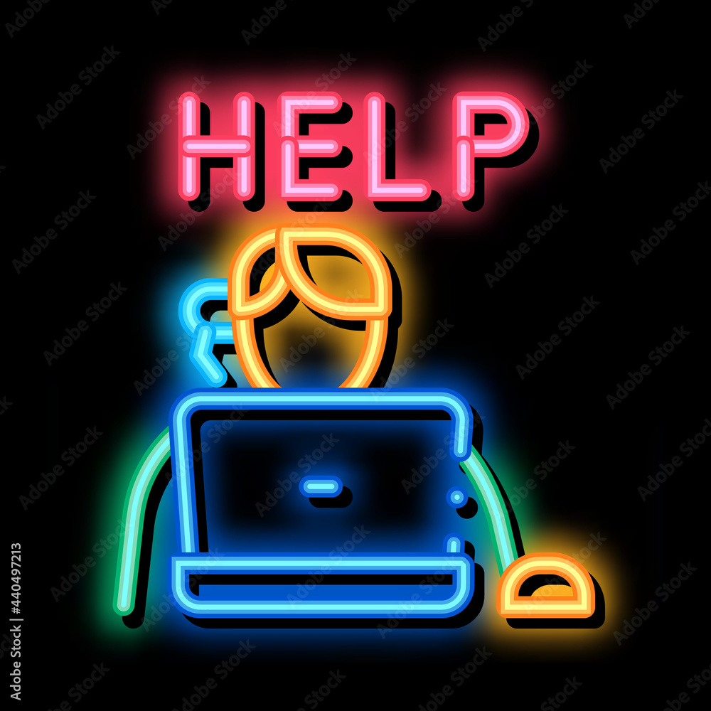 Poster computer help service neon light sign vector. glowing bright icon computer help service sign. transp