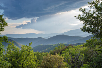 Sunset in the southern French Cevennes. Hilly landscape, panorama