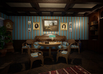 A 3d rendered interior from an old classic cozy living room. 