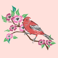 Bird on the branch with flowers. Hand-drawn illustration