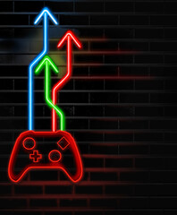 A neon sign on a brick wall shows a video game controller with neon arrows coming out of the top in this 3-d illustration about gaming. © Rob Goebel
