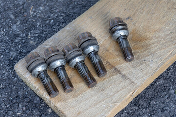 View of Five Car wheel bolts.