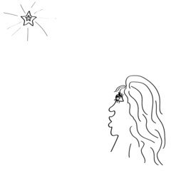 Doodle . The girl and the star . Vector . Girl with long hair .
