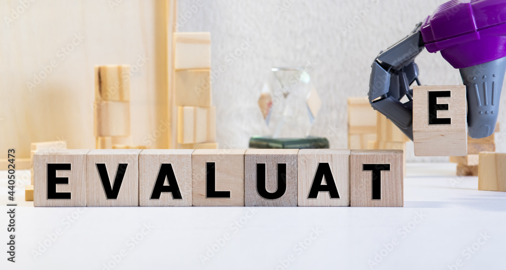 Poster evaluate word made with building blocks. concept