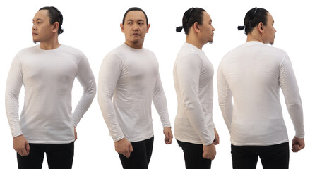 Blank long sleeved shirt mock up template, front side and back view, Asian man wear plain white...