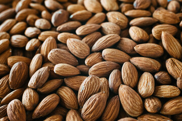 Close detail of a pile of raw almonds nuts with peel