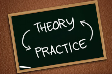 Theory into Practice, text words typography written on chalkboard, success in life and business...