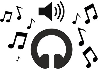 Headphones, music and sound icons set. Flat black vector illustration