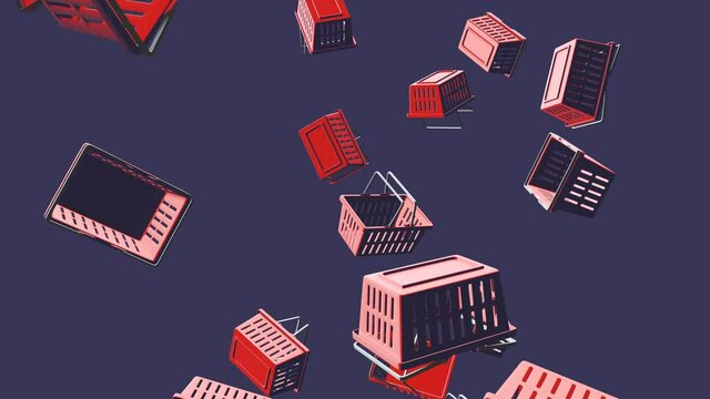 Red plastic shopping baskets on dull-blue background.
Toon style abstract animation for background.
Loop able.
