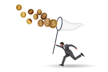 Businessman catching money with landing net