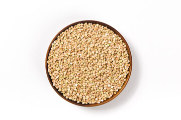 Pile of raw buckwheat isolated on white background.