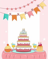 birthday party at home with large tart,pudding,mini cookies,and flag decoration flat design