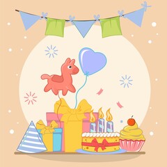 happy birthday cake with tart cake,balloon, give and birthday ornament flat design