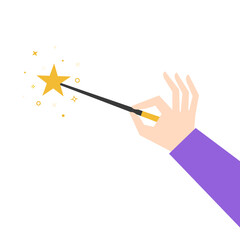 Magic wand with sparkle in hand isolated on white. Magician holding miracle magical stick Wizard tool. Vector illustration. Flat style