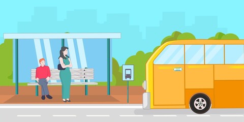 travel transportation human waiting on bus bus stop flat design