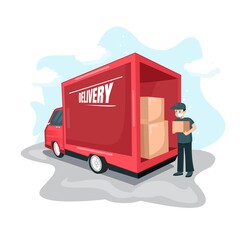 travel transportation with delivery truck lowering the package flat design