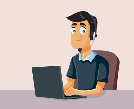 Male Call Center Operator Working on a Laptop