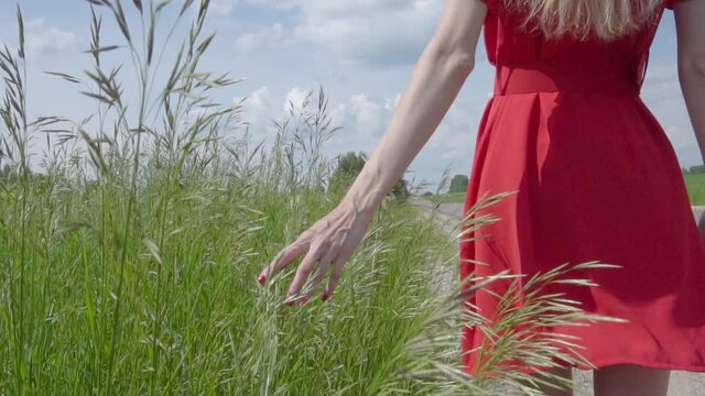 Young beautiful girl in a red dress walks along the side of the road and touches the green plants with her hand in summer, a female hand with red nail polish touches the plants