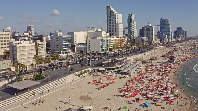 Tel Aviv promenade sunny summer day aerial drone view, Israel