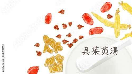 漢方生薬 呉茱萸湯 手描き水彩風イラスト Wall Mural Ko Hamari