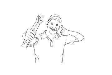 A technician is posing reminding to call if there is a problem. The image is suitable for use as an illustration of a plumber or technician