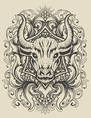 Illustration vector Bull head with vintage engraving ornament on black background