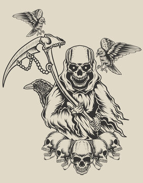 illustration death angel with crow bird