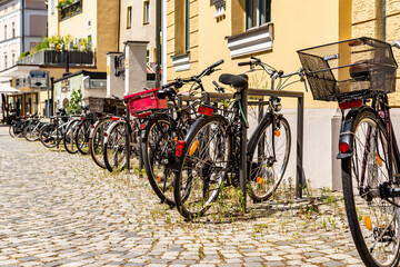 Fototapeta na wymiar City scenery: Many bikes in a row