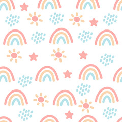Seamless boho pattern with rainbows, stars, rain and sun