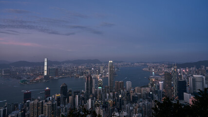 hong kong skyline at sunset from the peak