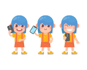 set of happy kids cute girl character and smartphone with many gesture expressions .
