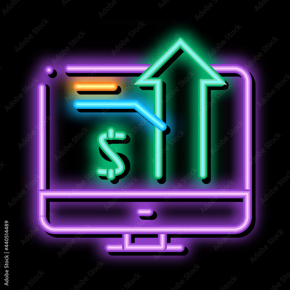 Poster computer chart of money up growth neon light sign vector. glowing bright icon computer chart of mone