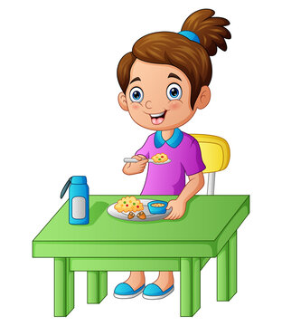 Cute a girl happily eating food illustration