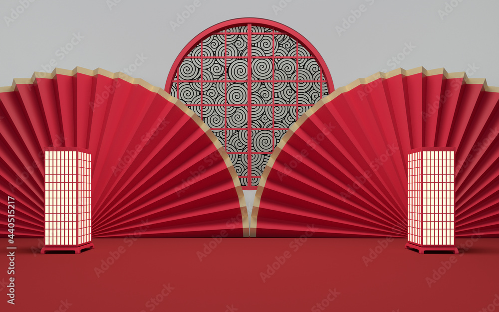 Poster empty room with red background, 3d rendering.