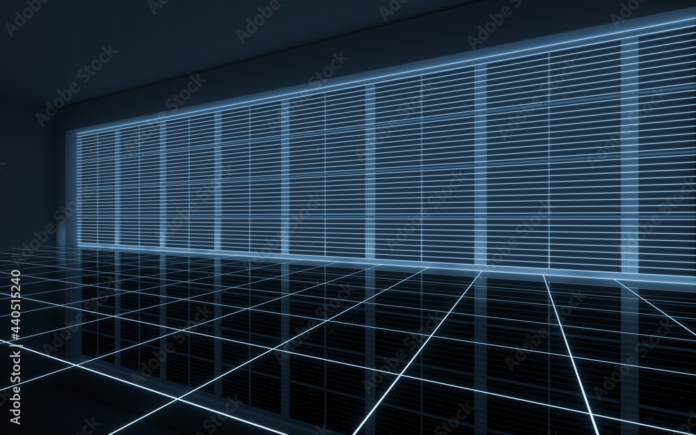 Poster neon lines in the black empty room, 3d rendering.