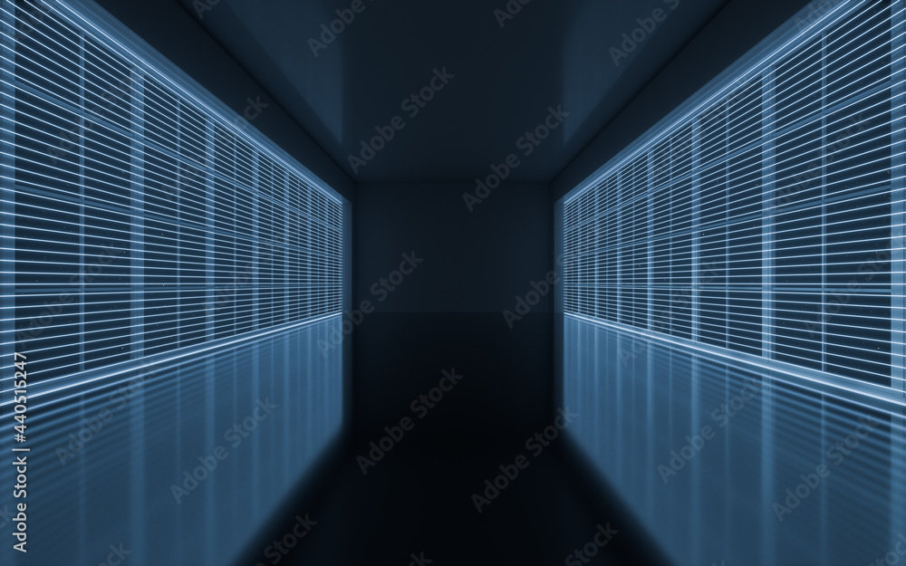 Poster neon lines in the black empty room, 3d rendering.