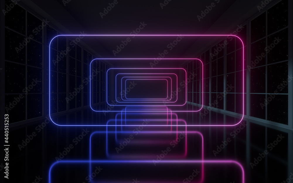 Poster neon lines in the black empty room, 3d rendering.