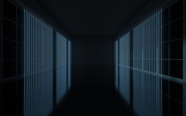 Neon lines in the black empty room, 3d rendering.