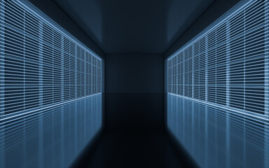 Neon lines in the black empty room, 3d rendering.
