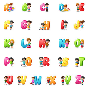 Cartoon colorful alphabet set with happy children