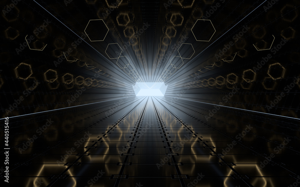 Poster tunnel with polygon background, 3d rendering.
