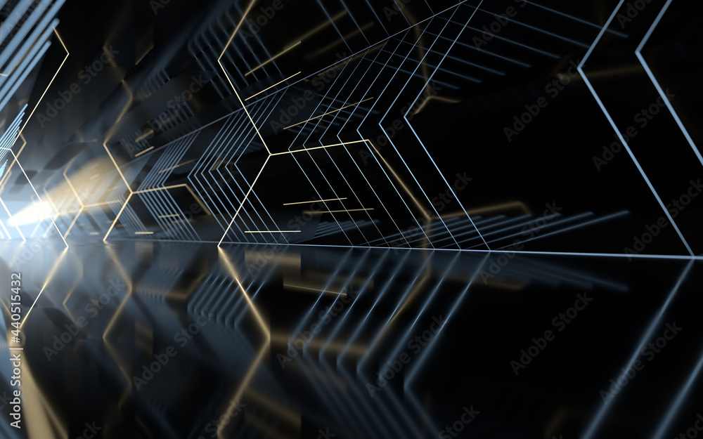 Poster tunnel with polygon background, 3d rendering.