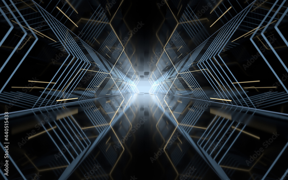 Poster tunnel with polygon background, 3d rendering.