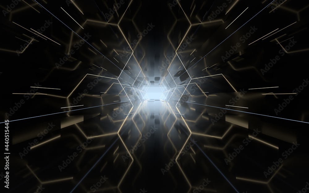 Poster tunnel with polygon background, 3d rendering.