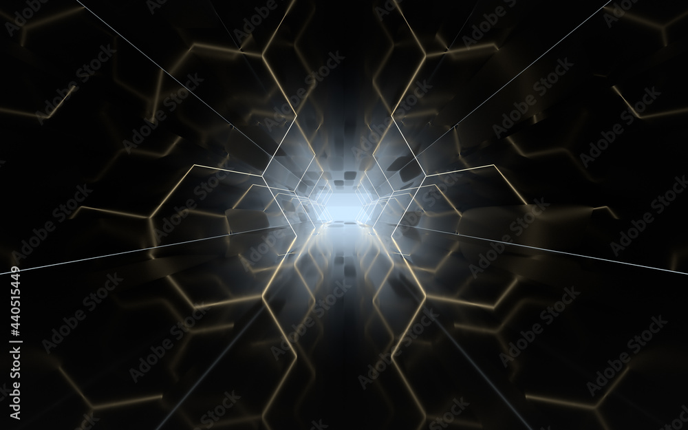 Poster tunnel with polygon background, 3d rendering.