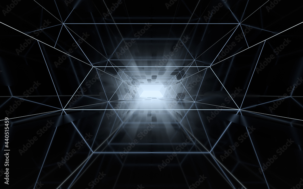 Poster tunnel with polygon background, 3d rendering.